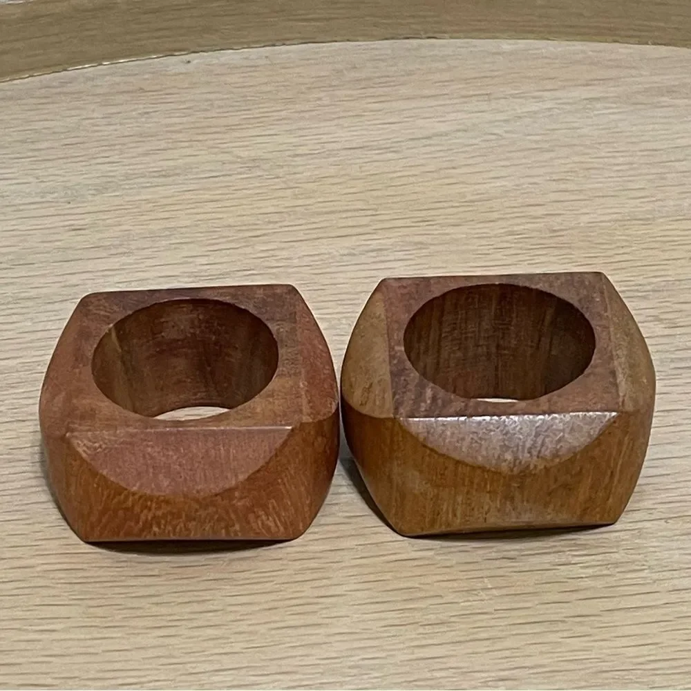 Vintage Artisan Crafted Wooden Geometric Shape Napkin Rings Rustic MCM Set of 2